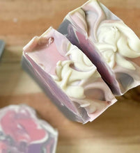 Load image into Gallery viewer, Tops of gray, pink, purple, and white soap bars
